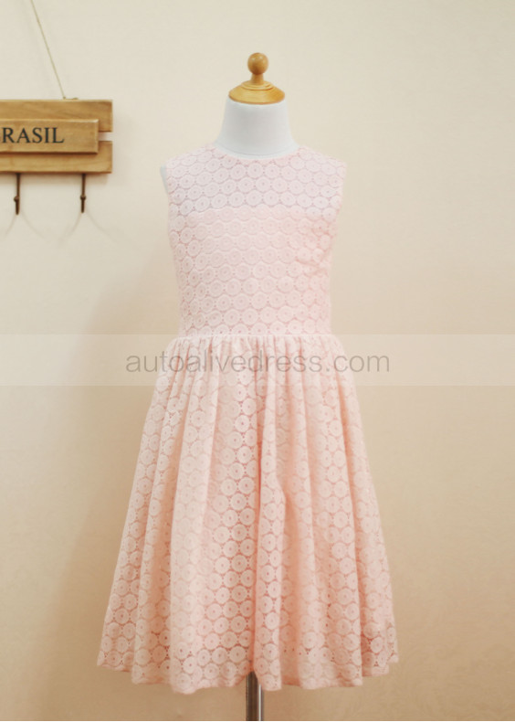 Blush Pink Lace Knee Length Flower Girl Dress